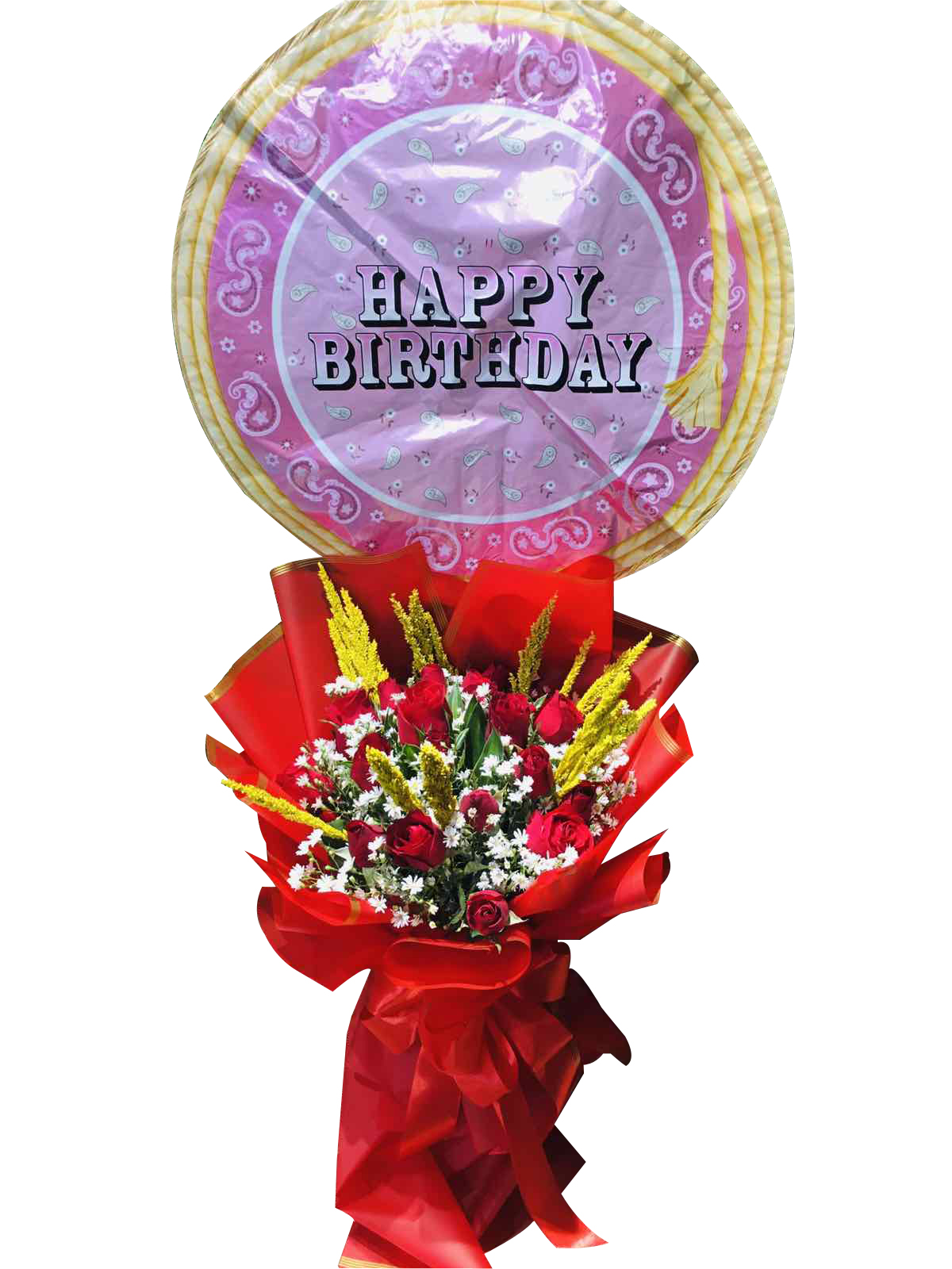 Online ​12 Red Rose Bouquet with Greens and One Piece Happy Birthday  Balloon to Philippines